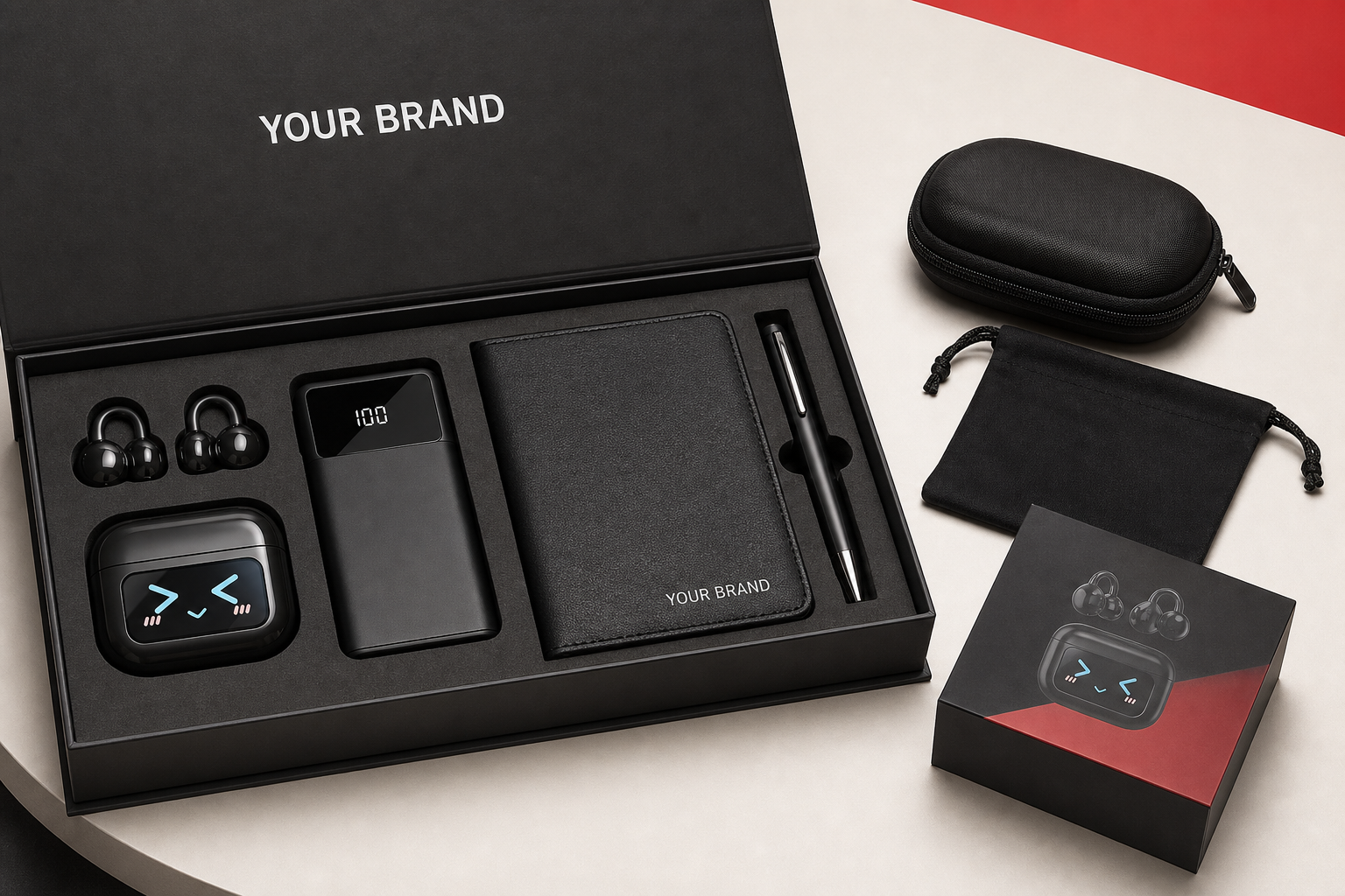 Premium corporate gift box with earbuds, power bank, leather-cover notebook, pen, earbud zip case and pouch